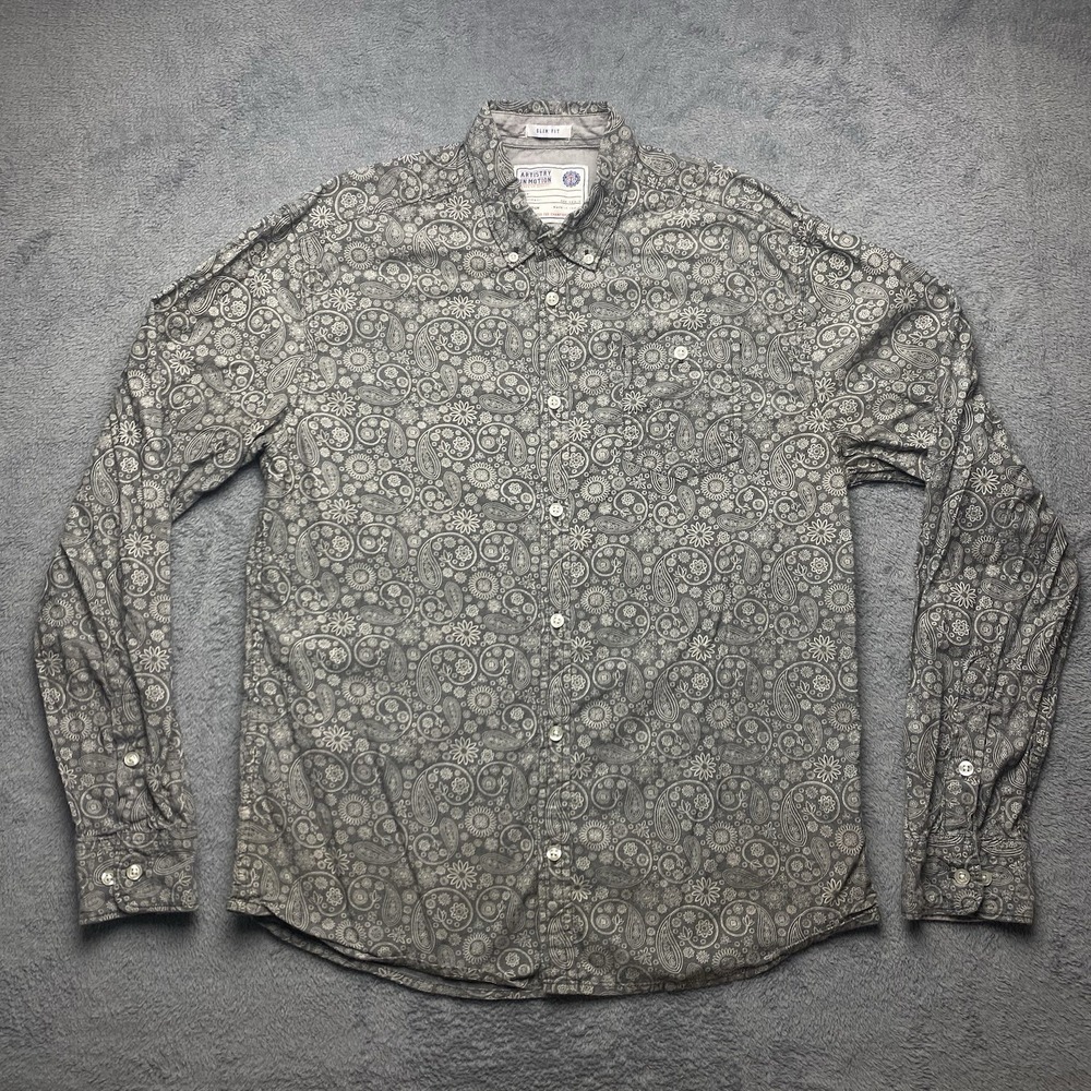 Artistry In Motion Mens Medium‎ Slim Fit Gray Paisley Floral Button Down